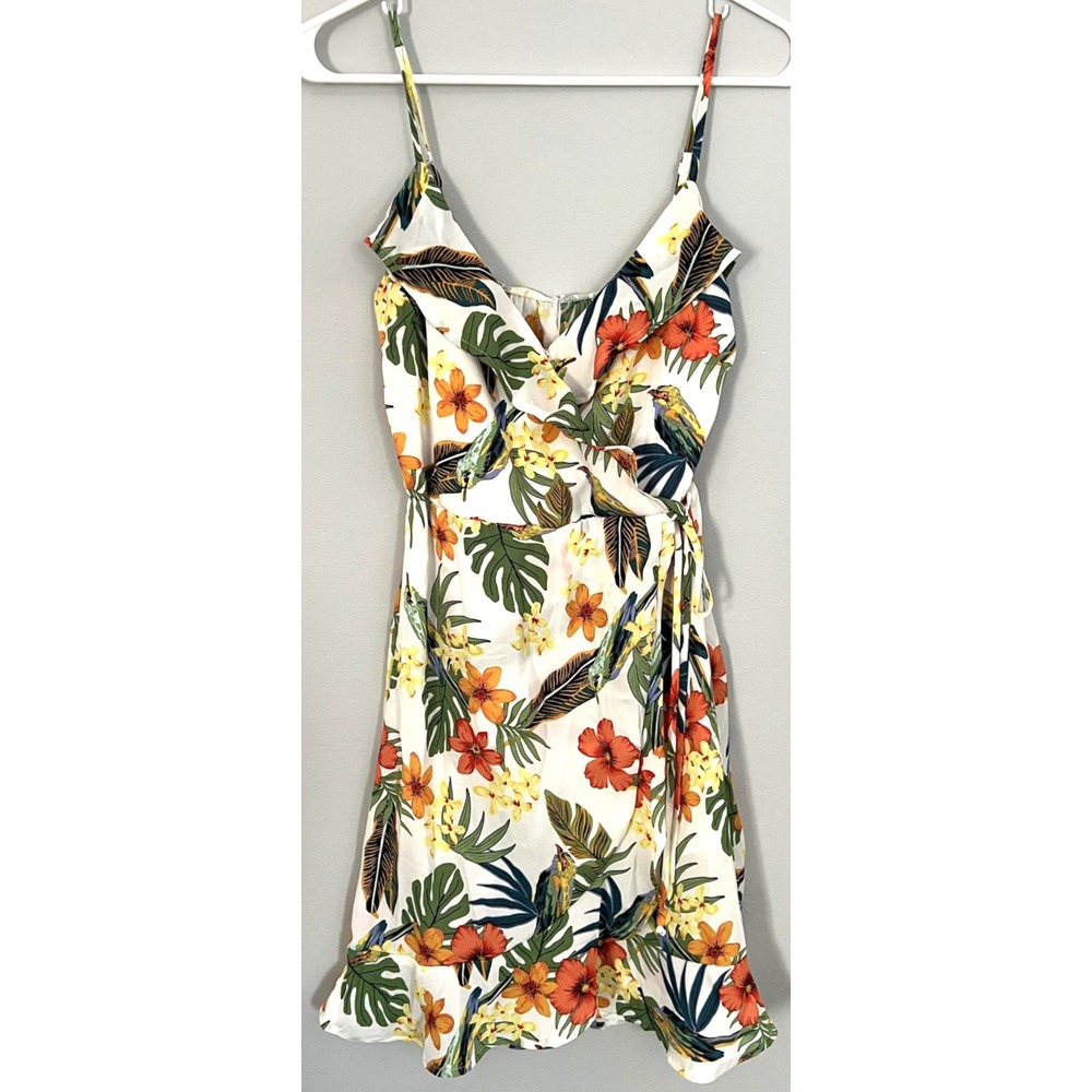 D N A Couture Dress Womens Small White Tropical Floral Bird Wrap Ruffle Lined